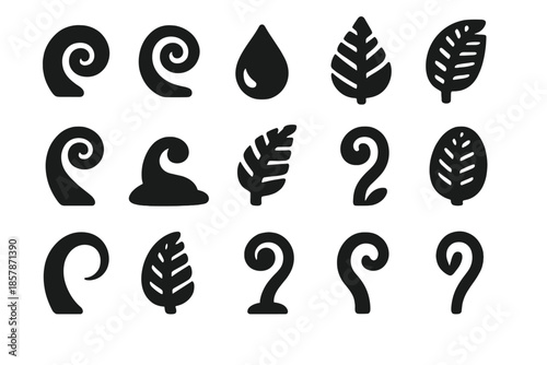 Fern Unfolding Icons. Solid style icons of Fern Unfolding Scroll: curled frond, leaf spiral, dew droplet, stem vein, soft curl,