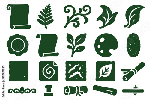 Ancient Scroll Icons. Solid style icons of Ancient Nature Scroll: parchment roll, ink fern, vine border, curling leaf, sealed wax,