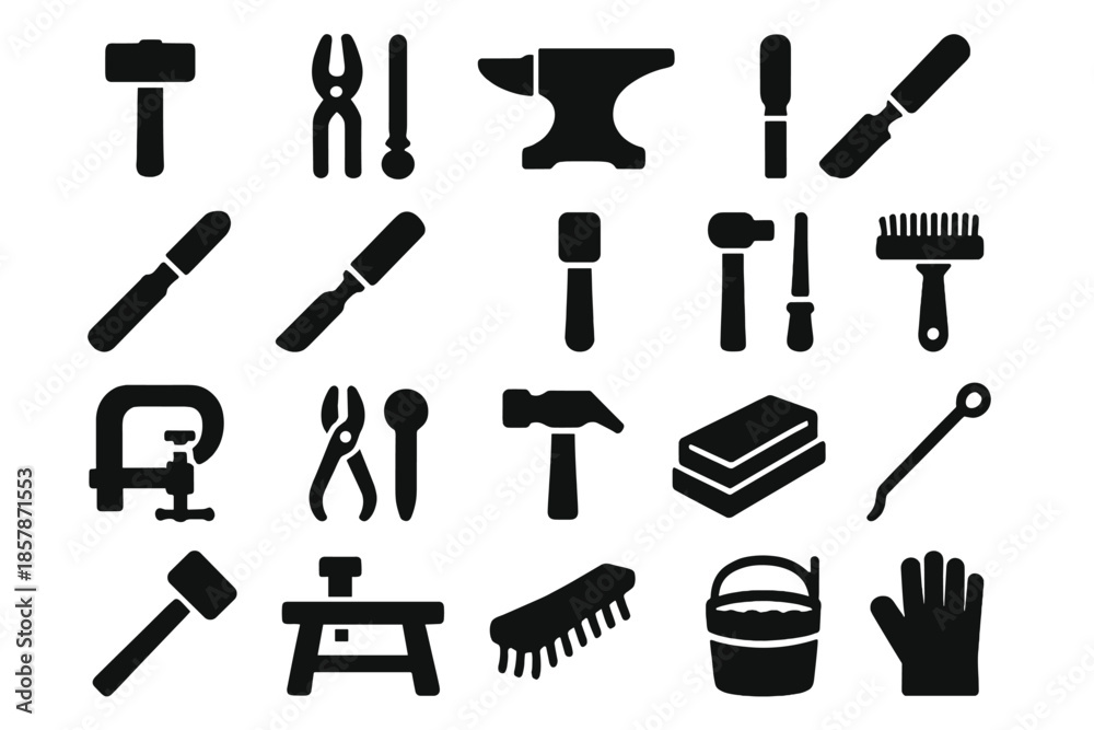 Obraz premium Blacksmith Tools Icons. Solid style icons of Blacksmith Tools: hammer, tongs, anvil, file, rasp, chisel, mallet, brush, clamp,