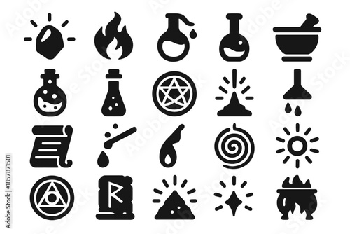 Mystical Alchemical Elements. Solid style icons of Alchemist Philosopher Stone: glowing stone, mystical flame, alembic flask,