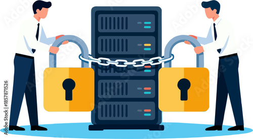 Server Security with Businessmen and Padlocks – Flat Vector Illustration of Data Protection, Cyber Security and Locked Database System