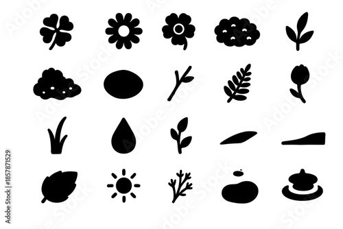 Natural Field Icons. Solid style icons of Natural Field Elements: clover patch, daisy flower, buttercup bloom, moss mat, soil clod