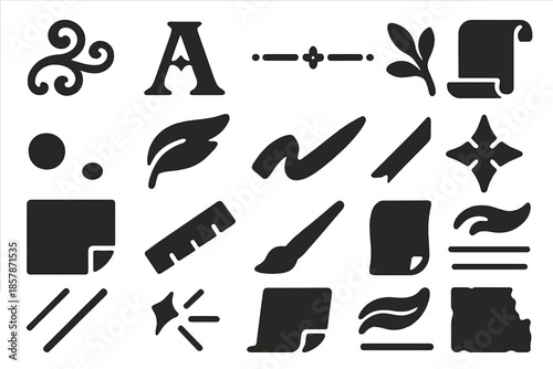 Manuscript Detail Icons. Solid style icons of Manuscript Detailing: filigree swirl, gilded letter, border line, illuminated