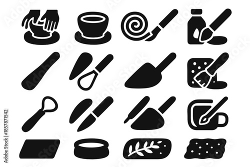 Ceramic Craft Icons. Solid style icons of Ceramic Craft Process: forming bowl, trimming edge, clay coil, slip brush, shaping