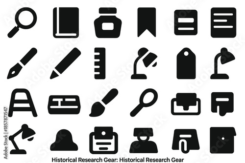 Historical Research Tools Icons. Solid style icons of Historical Research Gear: magnifying lens, notebook, pen, ink jar, bookmark