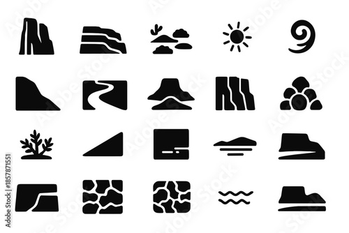 Canyon Landscape Icons. Solid style icons of Canyon Landscape: rocky cliff, layered ridge, sparse vegetation, sun glare, dust