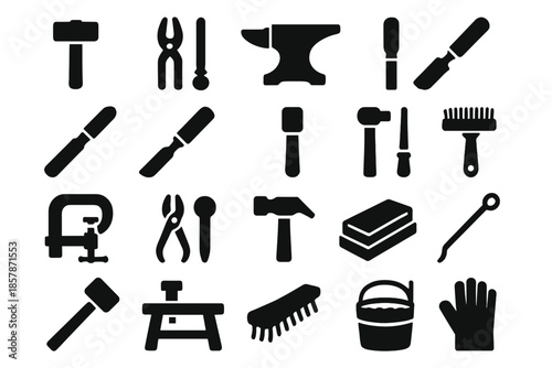 Blacksmith Tools Icons. Solid style icons of Blacksmith Tools: hammer, tongs, anvil, file, rasp, chisel, mallet, brush, clamp,