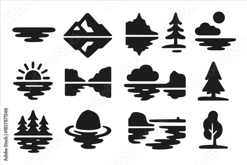 Mountain Lake Reflection. Solid style icons of Mountain Lake Reflection: calm lake, mountain peak, mirrored water, pine tree,