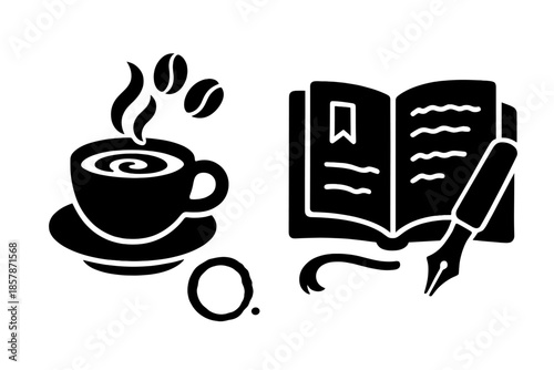 Coffee and Literature Icons. Solid style icons of Coffee and Literature Details: coffee beans, cup handle, saucer rim, steam curl,