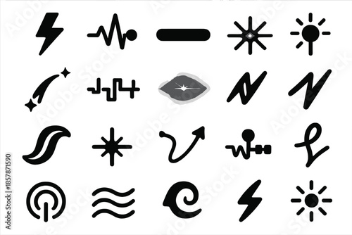 Solid Electric Icons. Solid style icons of Velvet Thunder Algorithm: glowing circuit board, abstract neural network, lightning