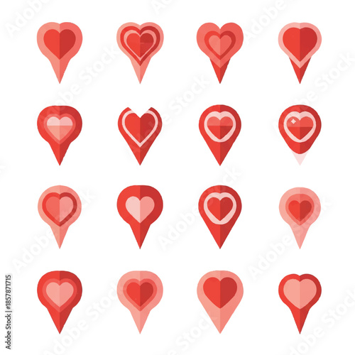 Collection of heart shaped map pointers displayed on white surface representing love, romance, and navigation for dating apps and romantic getaways.