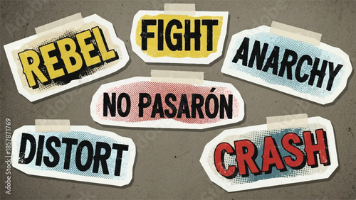 Retro Punk Rock Newspaper Clipping Collage with Grunge Rebel and Anarchy Slogans for Alternative Media Design