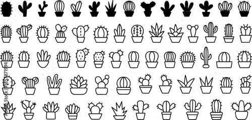Large set of black and white cactus and succulent icons in pots featuring various desert plant species for nature design. (21 words)