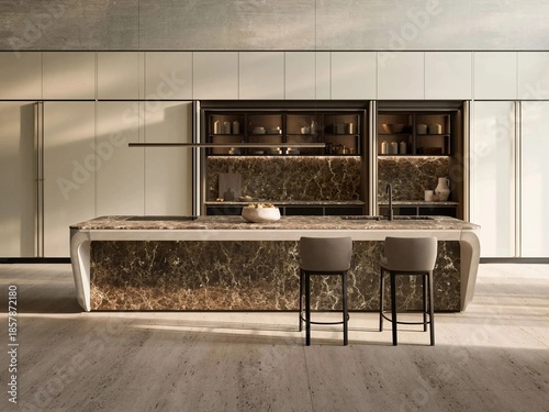 Modern luxury kitchen interior in minimal scandinavian style, 3d render