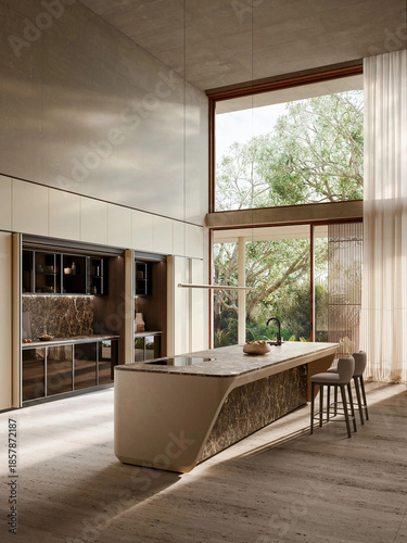 Modern luxury kitchen interior in minimal scandinavian style, 3d render