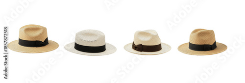 Classic fedora and straw panama hat set isolated on white background. Elegant summer headwear collection with black ribbon bands for sun protection and style.