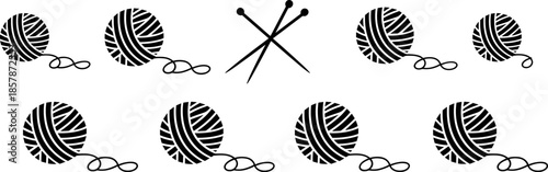 Set of eight black and white yarn ball icons with crossed knitting needles isolated on a white background for handicraft design. (21 words)