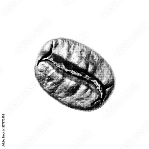 Black and white halftone illustration of a coffee bean close-up. Minimal dotted graphic style, concept of coffee culture, aroma, caffeine, beverage ingredient and modern abstract design