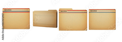 Manila file folder set for medical records and office document organization isolated on white. Vintage manila paper folders for storage, filing, and business paperwork.