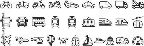 Transportation vehicle icon set, featuring vector glyph pictograms of travel, transit, public transport, car, bus, train, bicycle, boat, airplane silhouette illustration, logistics, commute, cargo 