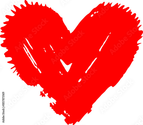 Red heart shape with rough paint splatter texture in hand-drawn style on a white background, symbolizing love and emotion expression