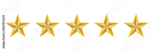 Excellent five-star rating symbol. Golden glossy stars for quality product, service, and customer reviews on white background.