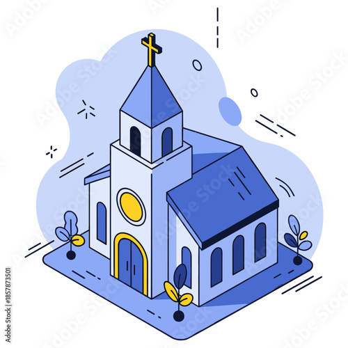 Blue and white church illustration with cross and abstract background