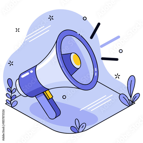 Blue megaphone with abstract background and decorative elements