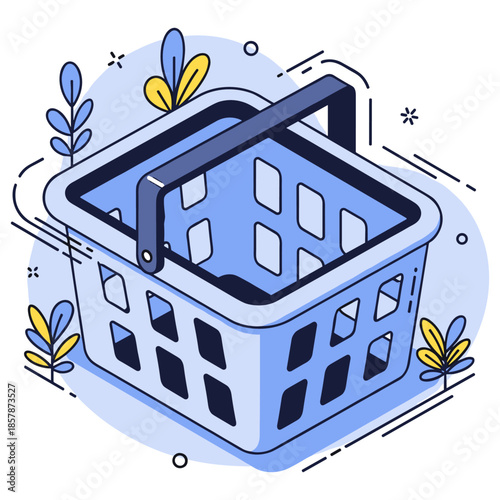 Vector shopping basket with blue and yellow accents on abstract background