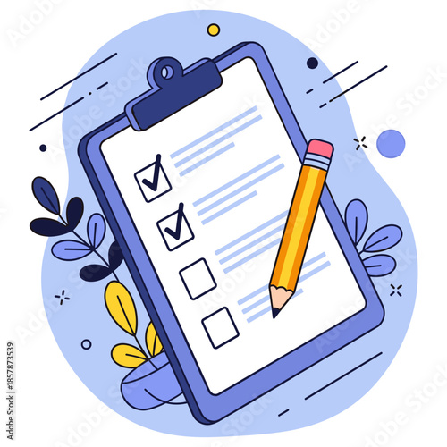 Clipboard with checklist and pencil on abstract background