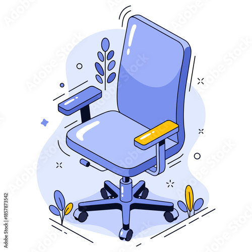 Illustrated blue office chair with adjustable armrests and wheels