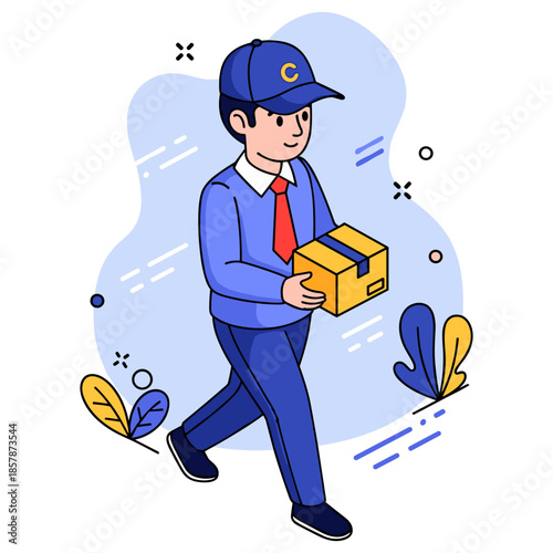 Male delivery worker cartoon in uniform carrying parcel