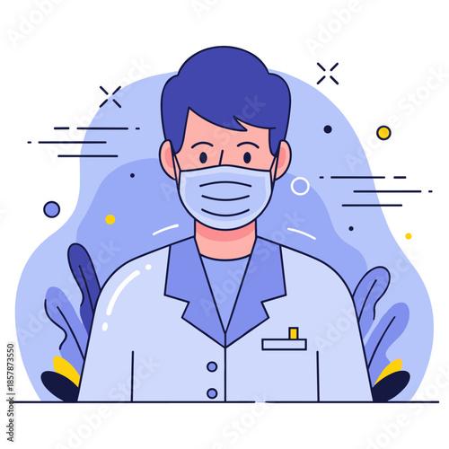 Cartoon young male doctor wearing mask and lab coat