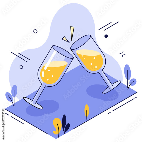 Two clinking champagne glasses in minimalist style celebration illustration