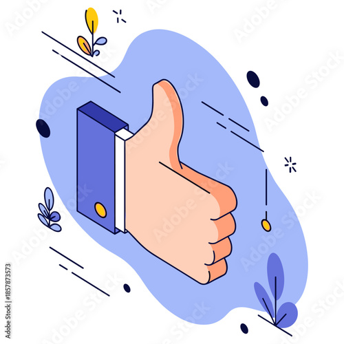 Cartoon thumbs up gesture with hand surrounding elements in blue design