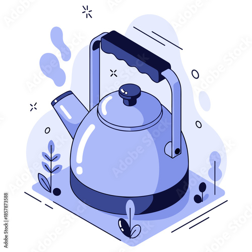 Blue cartoon teapot with black handle and decorative elements