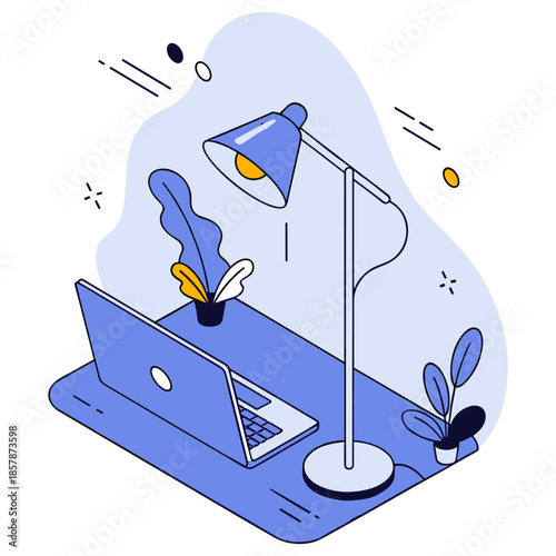 Modern workspace with laptop and desk lamp in minimalist style