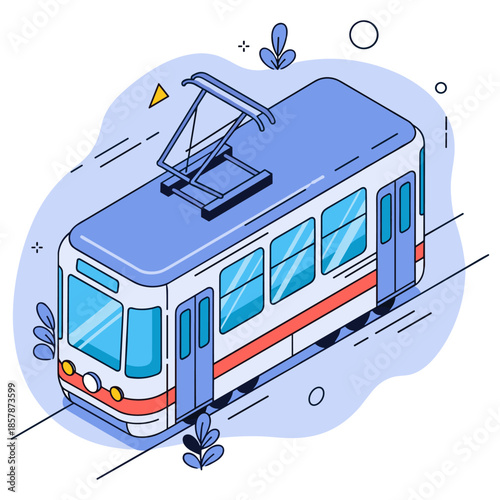 Isometric illustration of blue and red modern tram on tracks with geometric elements