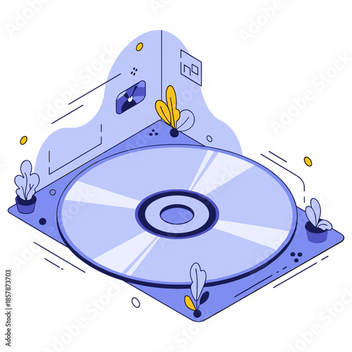 Illustration of a cd player with decorative plants and geometric shapes