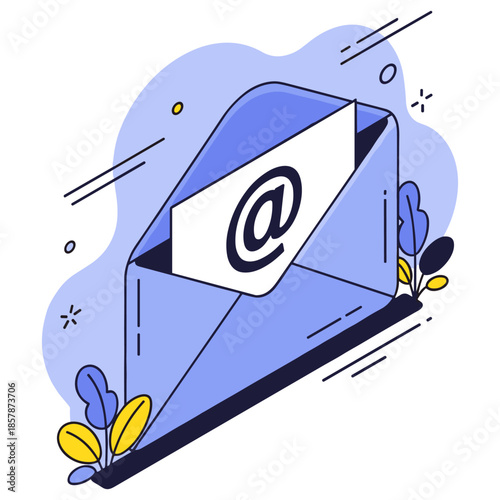 Illustration of an email symbol inside an open envelope with decorative elements