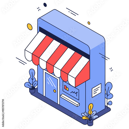 Colorful isometric storefront with red and white awning and blue walls