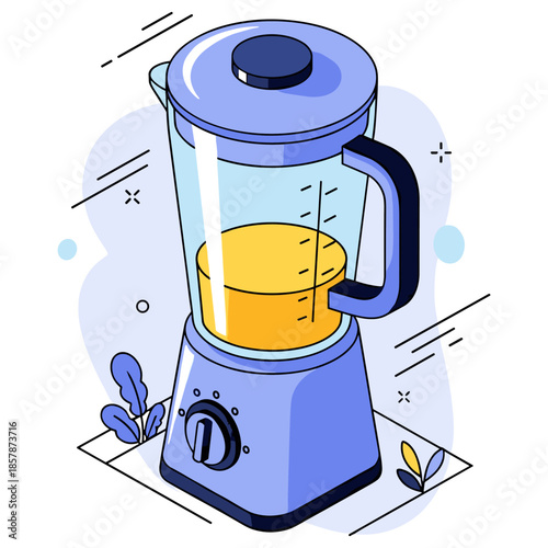 Blue electric blender with orange liquid and abstract background