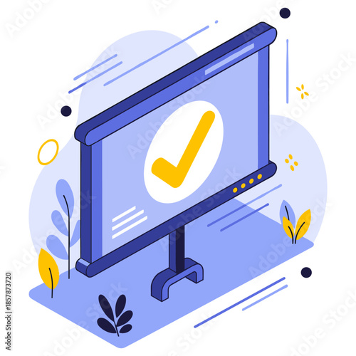 Isometric monitor with check mark symbol and foliage elements