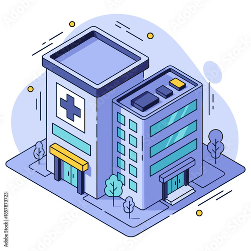 Modern isometric hospital and office buildings with trees and abstract background