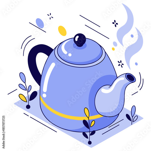 Stylized blue teapot with steam and decorative elements in minimalist design