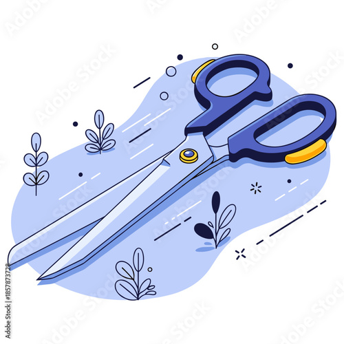 Illustrated blue scissors with decorative elements and abstract background