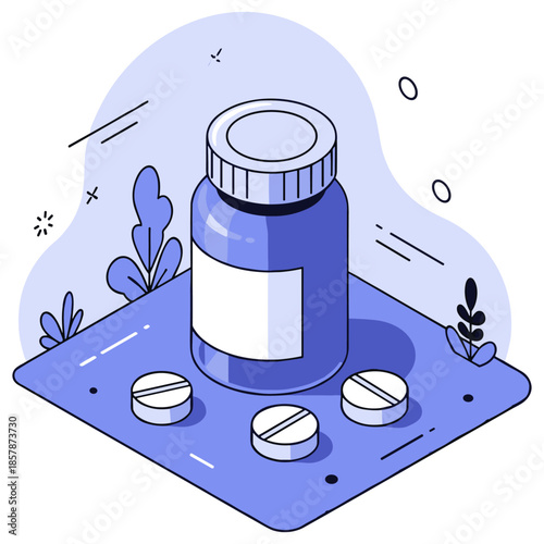 Blue pill bottle with capsules on a blue surface and abstract background
