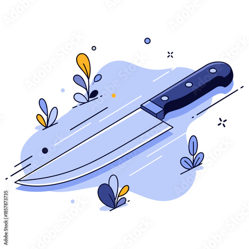 Stylized illustration of knife with blue handle and abstract leaves