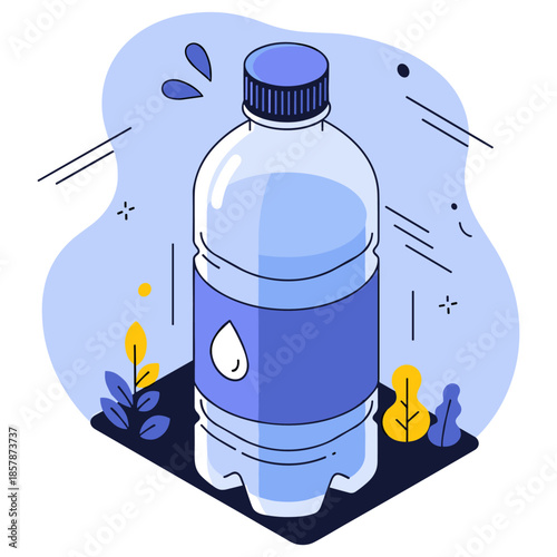 Cartoon illustration of plastic water bottle with blue label and plants