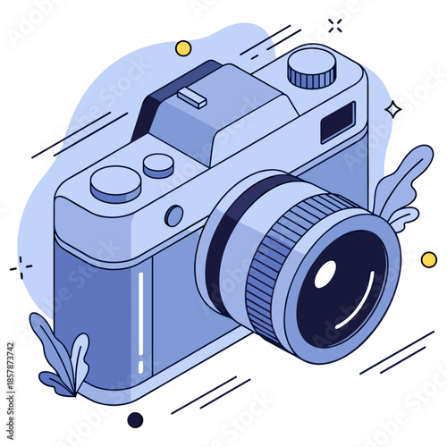 Blue vintage camera with leaves and abstract design elements